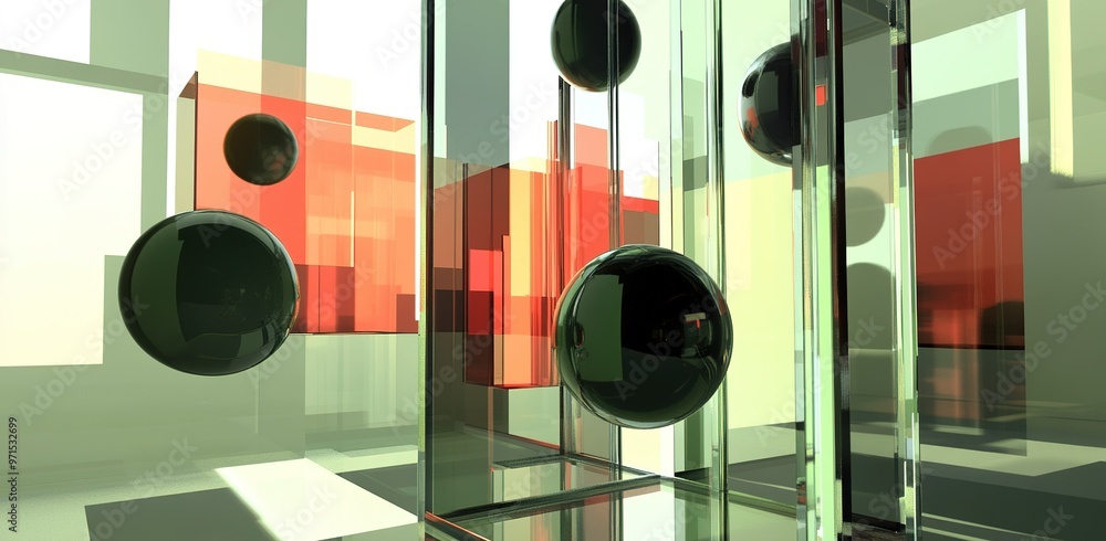 Poster abstract composition featuring floating spheres and colorful geometric shapes in a modern, minimalis