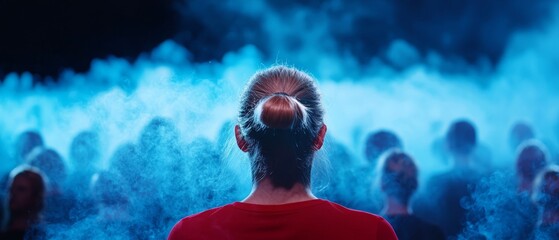  A woman with her back to the viewer stands before a gathering of individuals surrounded by blue smoky haze