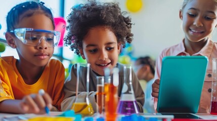 In a brightly lit lab, a diverse team of young scientists meticulously engages with experiments,