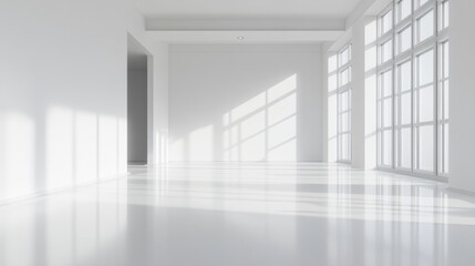 Obraz premium Empty room, clean white floor, white walls, generative ai