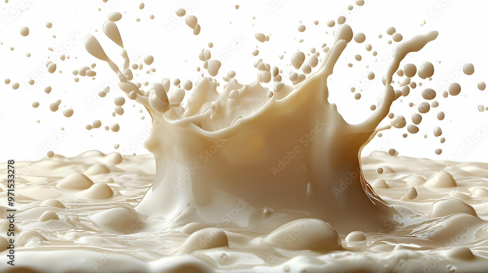Poster a splash of creamy liquid creating dynamic patterns against a white background.