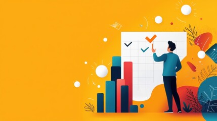 A salesperson happily putting a checkmark on a whiteboard full of sales goals, showing pride in achieving a smaller milestone., design illustration