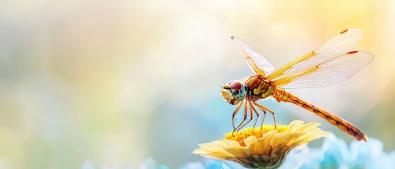 Naklejka premium Dragonfly atop a bloom, background blurred in shades of blue and yellow