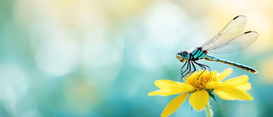  A blue dragonfly perches on a yellow bloom Nearby, a blend of green and yellow flowers Background softly blurred