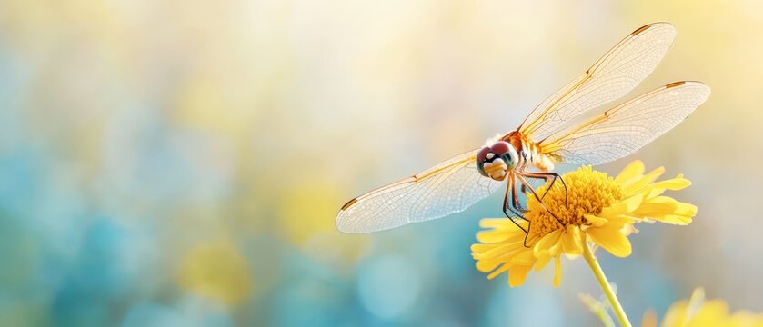  A tight shot of a dragonfly atop a sunlit yellow bloom against a softly blurred backdrop of blue and yellow blossoms