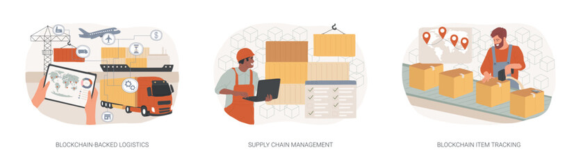 Blockchain technology in logistics isolated cartoon vector illustrations se