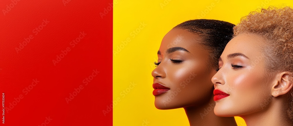 Wall mural two mannequins, both female, wear red lipstick behind them lies a vibrant backdrop of yellow and red