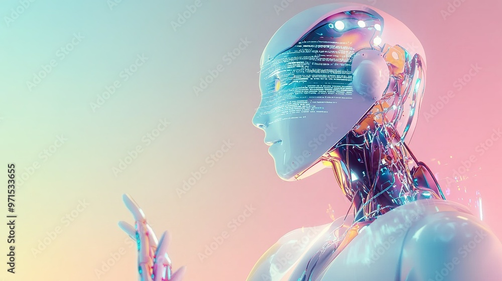 Poster futuristic humanoid robot with illuminated circuitry interacts in a colorful digital environment