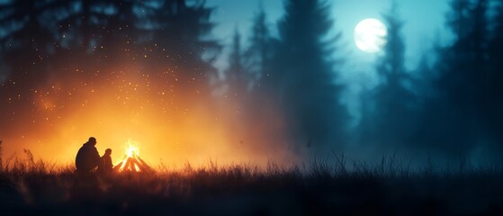 Fototapeta premium A man and a woman seated by a forest campfire under a full moon's glow