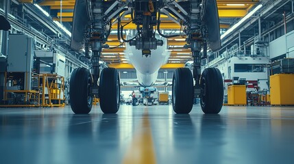 Aircraft maintenance in a spacious hangar with detailed focus on landing gear and wheels during an inspection process