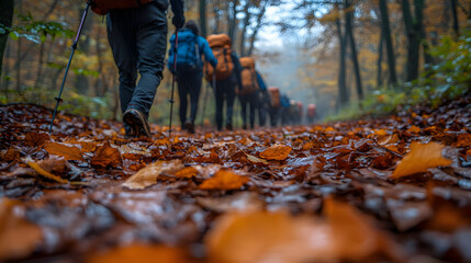 A group of hikers walk through a forest path covered in fallen leaves during autumn.