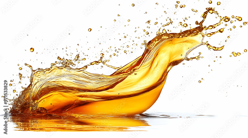 Poster a splash of golden liquid creating dynamic waves and droplets.