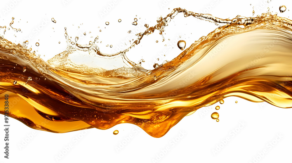 Poster a splash of golden liquid creating dynamic waves and bubbles against a white background.
