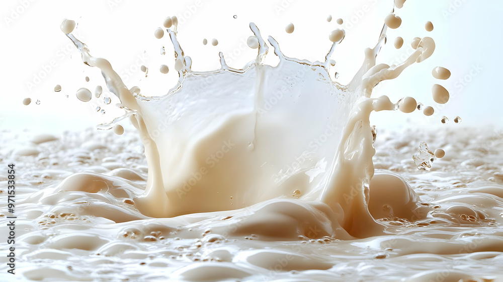 Poster a splash of liquid creating dynamic shapes and textures against a light background.
