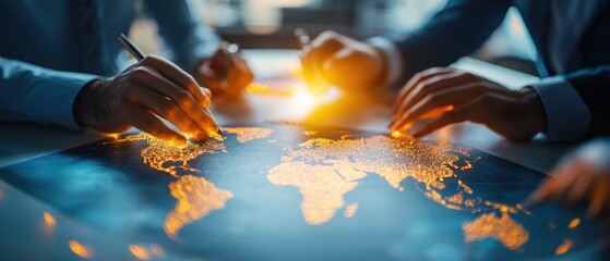 Group of people negotiating around a table with a world map in the background, global negotiation, international business deal