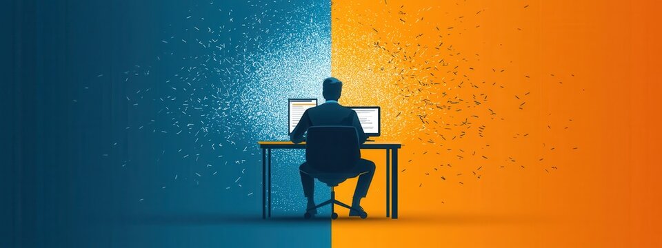 A salesperson sitting at a desk, reviewing a rejection email, then switching focus to a new lead, undeterred by the setback