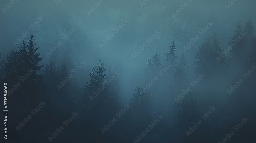 Poster mysterious fog envelops a dense forest at dawn, creating an ethereal atmosphere and captivating shad
