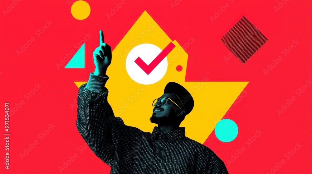 Poster a satisfied client holding a glowing checkmark, surrounded by abstract shapes representing quality s