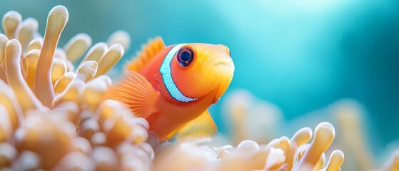  A tight shot of a fish against coral, sporting blue-and-white eye rings and headbands