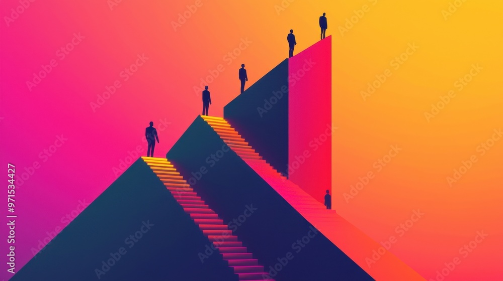 Poster a series of ascending geometric platforms with people stepping up based on the light that shines fro