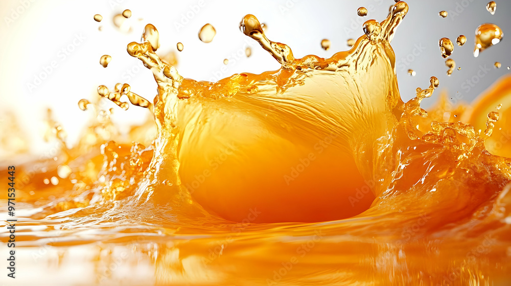 Poster a splash of orange liquid creating dynamic ripples in a vibrant setting.