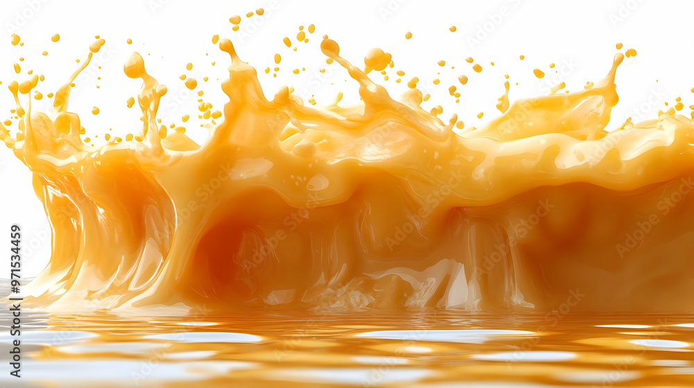 Poster a splash of orange liquid creating dynamic waves and droplets against a white background.