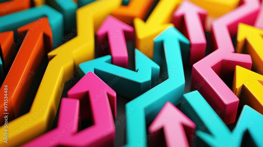 Poster a series of colorful arrows moving through a maze of abstract shapes, converging into a single point