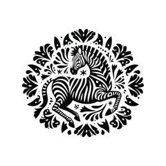 Zebra in folk art black and white silhouette illustration
