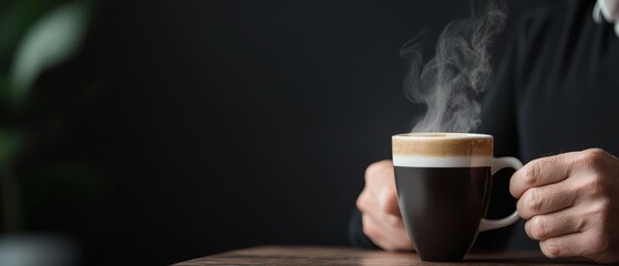  Person sitting at table, holding steaming coffee mug