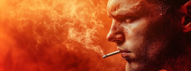  A man holds a cigarette between his lips against a backdrop of red and orange hues Smoke curves upwards from the tip