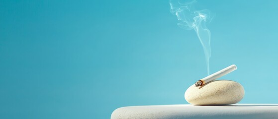  A white object with a cigarette jutting out and emitting smoke atop a table