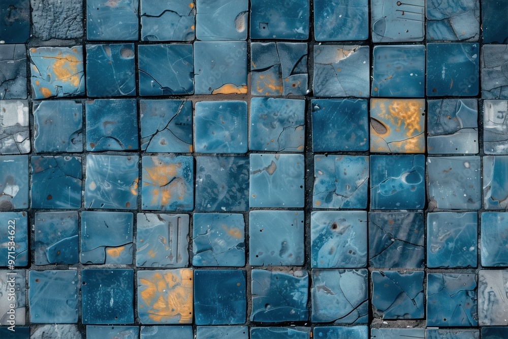 Poster mosaic made of square tiles in various shades of blue, with some tiles featuring hints of orange and