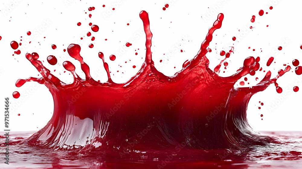 Aufkleber a splash of red liquid creating dynamic droplets against a white background.