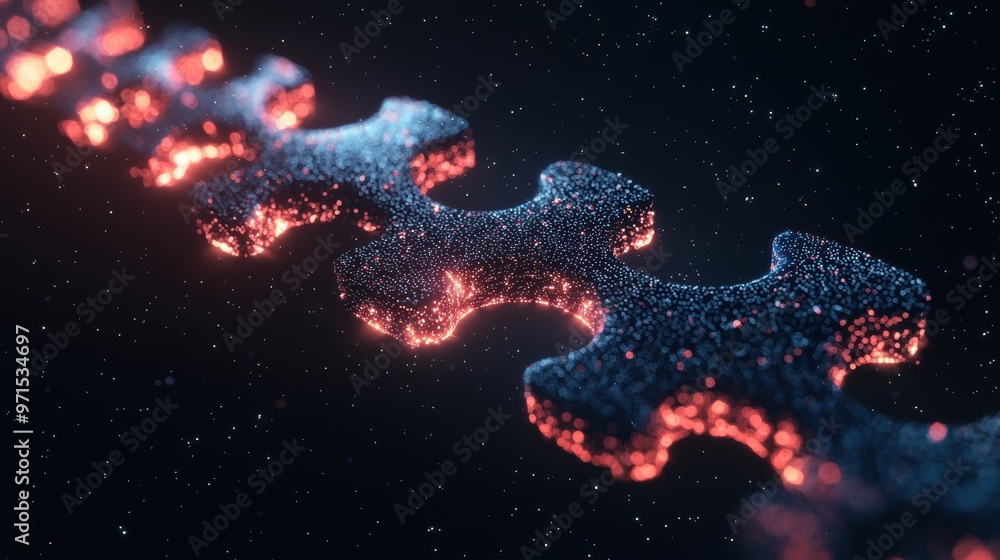 Poster a series of connected puzzle pieces floating in space, each piece representing a key milestone that 