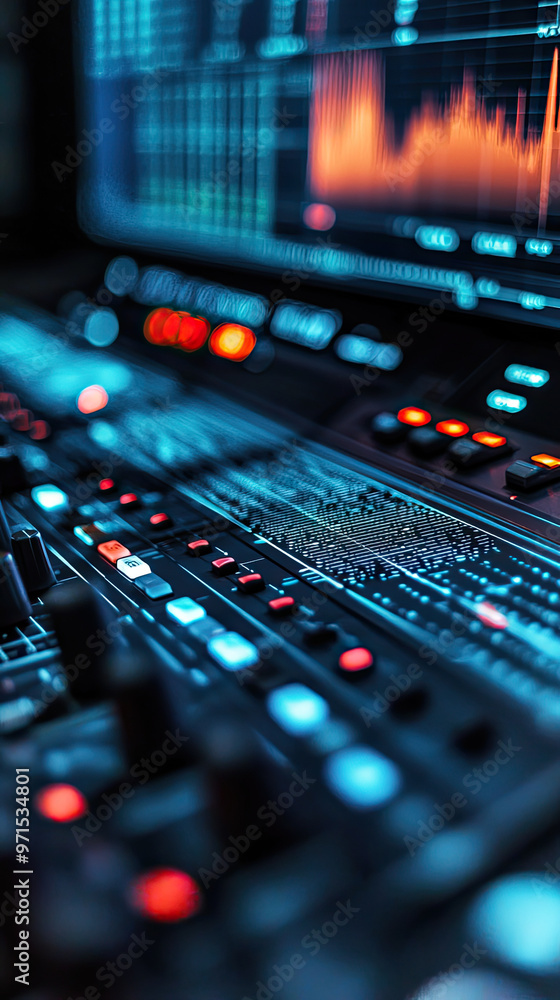 Poster a close up of digital audio workstation showcasing vibrant sound waves and controls