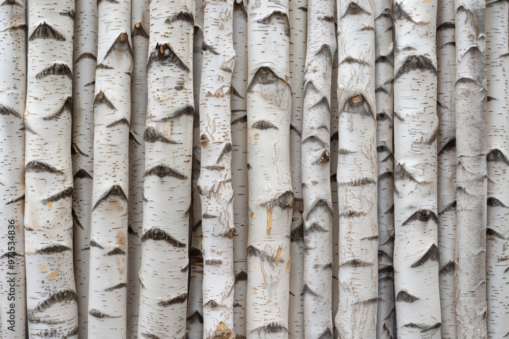 Poster birch tree trunks with distinctive white bark and dark markings, arranged vertically in a natural pa
