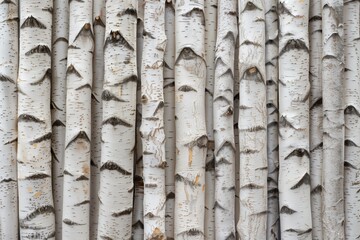 Fototapeta premium Birch tree trunks with distinctive white bark and dark markings, arranged vertically in a natural pattern.