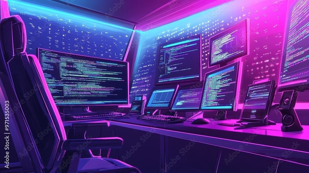 Poster a modern workspace showcasing multiple monitors displaying code and data visualization in a neon-lit