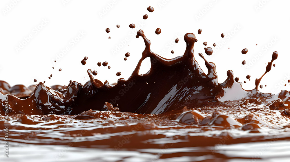 Poster a splash of rich chocolate creating dynamic motion against a white background.