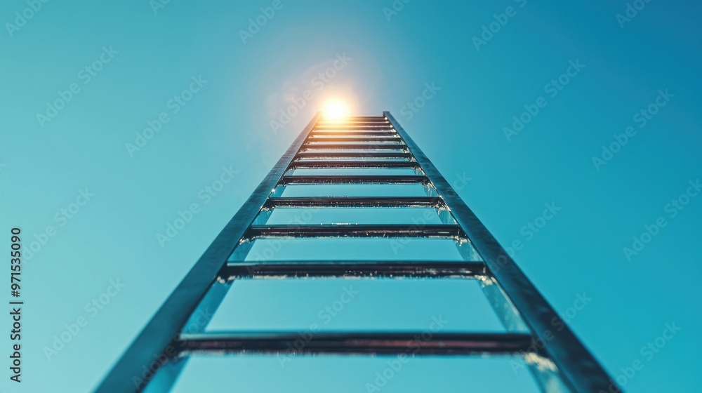 Poster a series of ladders ascending into the sky, with one ladder shining above the others. concept of sur