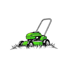 Lawn mower logo on white background. Logo featuring a man mowing the grass for brand. Suitable for landscaping, gardening, outdoor services, lawn care businesses.