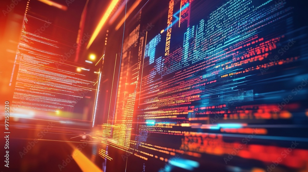 Poster dynamic abstract digital landscape featuring vibrant colors and flowing data streams in a futuristic