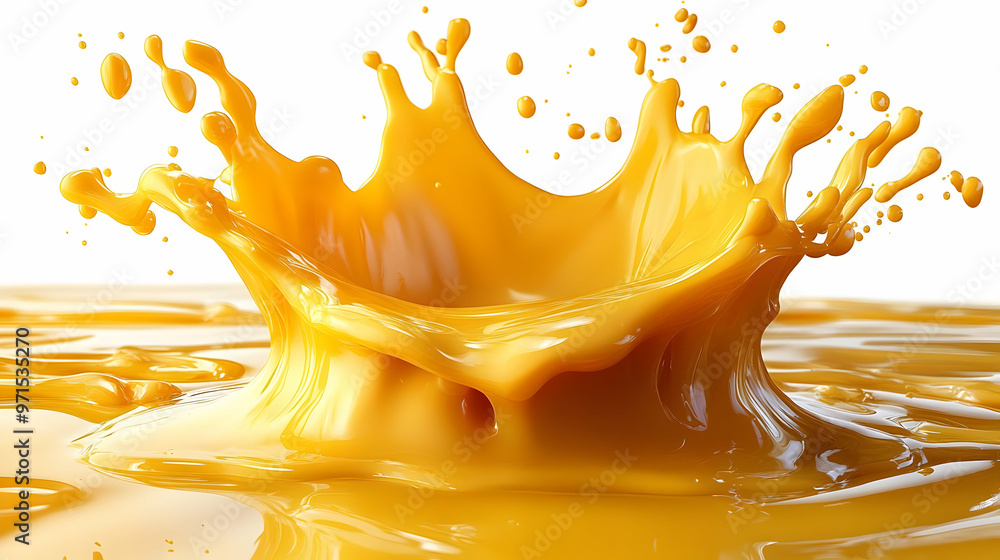 Poster a splash of vibrant yellow liquid creating dynamic shapes and textures.