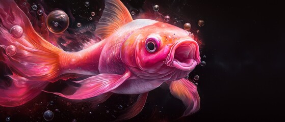  A pink fish painting against a black backdrop, surrounded by bubbles of water on its sides