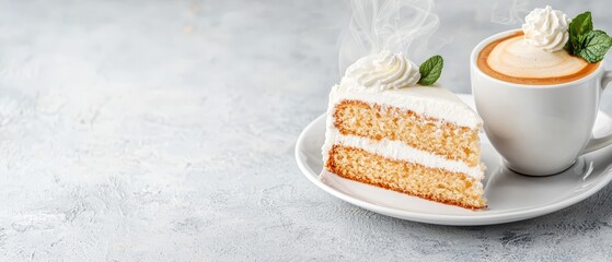  A slice of cake on a plate, next to a cup of coffee on a saucer