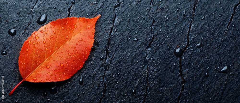 Sticker a solitary orange leaf atop a black surface, adorned with water droplets