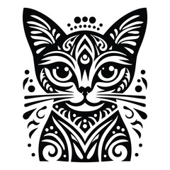 Abyssinian cat in folk art black and white silhouette illustration
