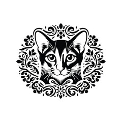 Fototapeta premium Abyssinian cat in folk art black and white silhouette illustration