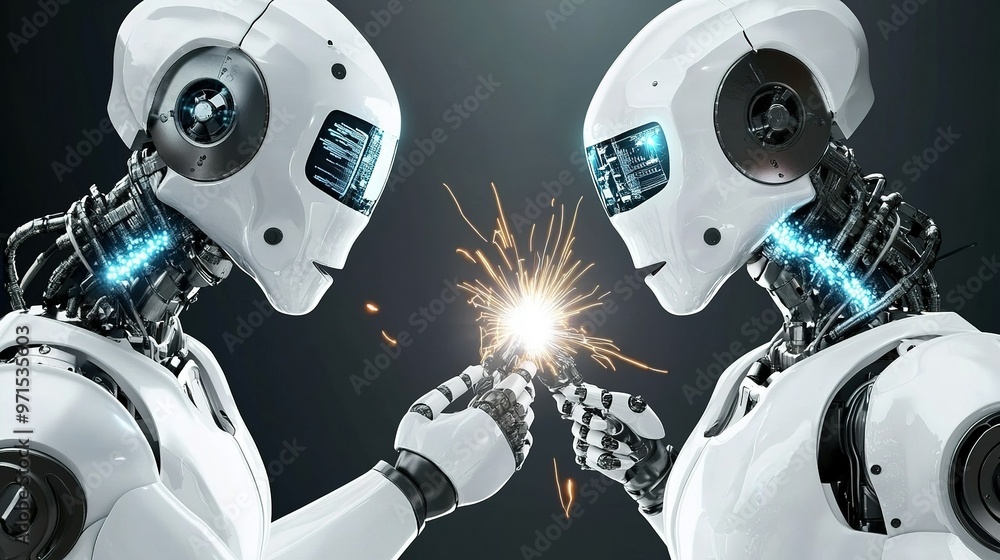 Poster advanced robotic hands working on a high-tech assembly project in a futuristic lab setting with vibr