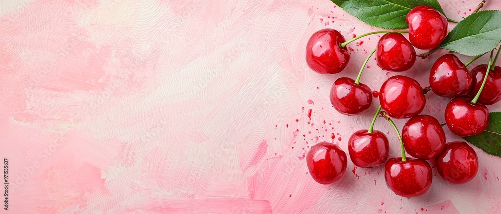 Poster a cluster of cherries atop a rosy surface, surrounded by a single green leaf against a pink backdrop